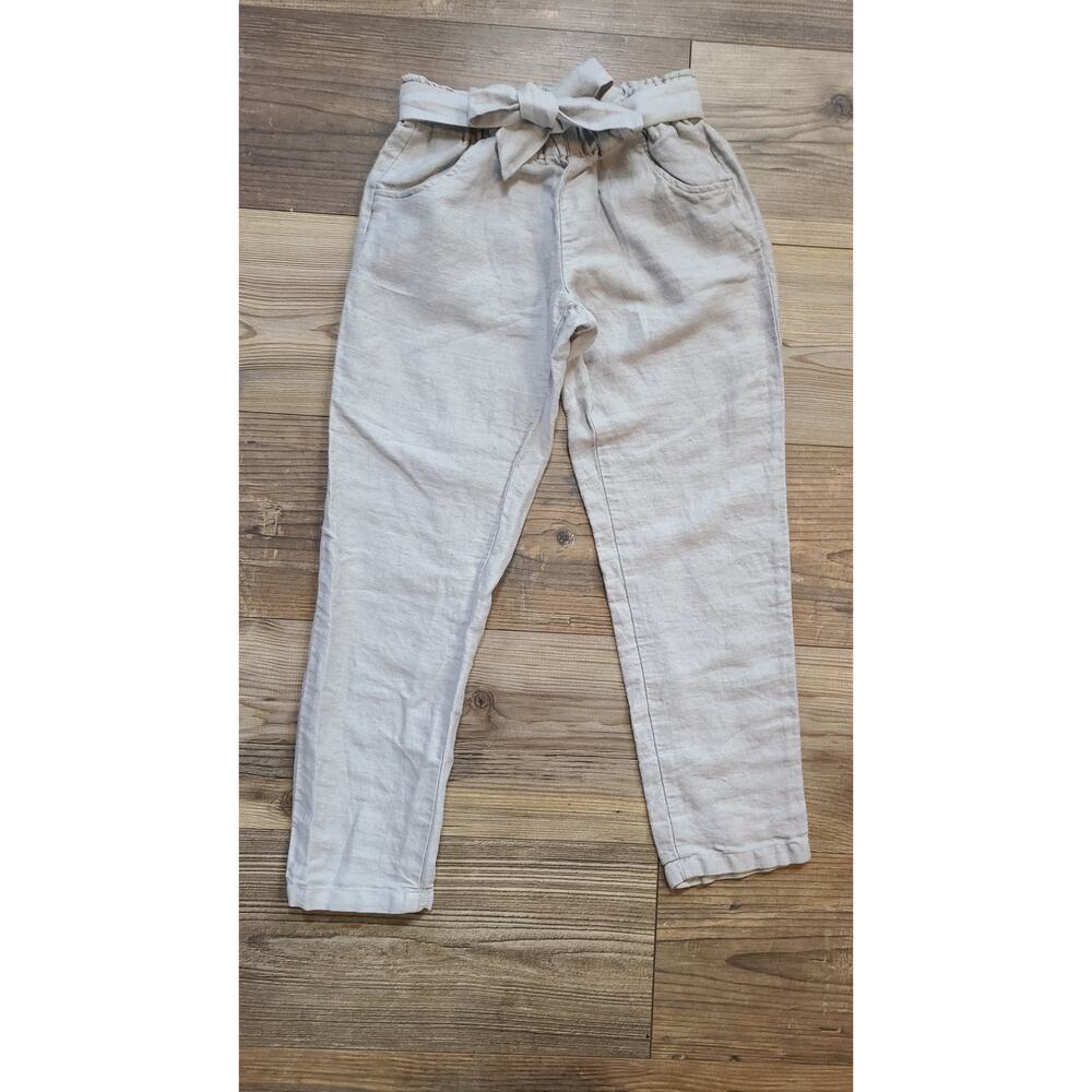Zara Kids Soft Collection Pant 11/12 Beige Linen Type Pull On Tie Front Trouser